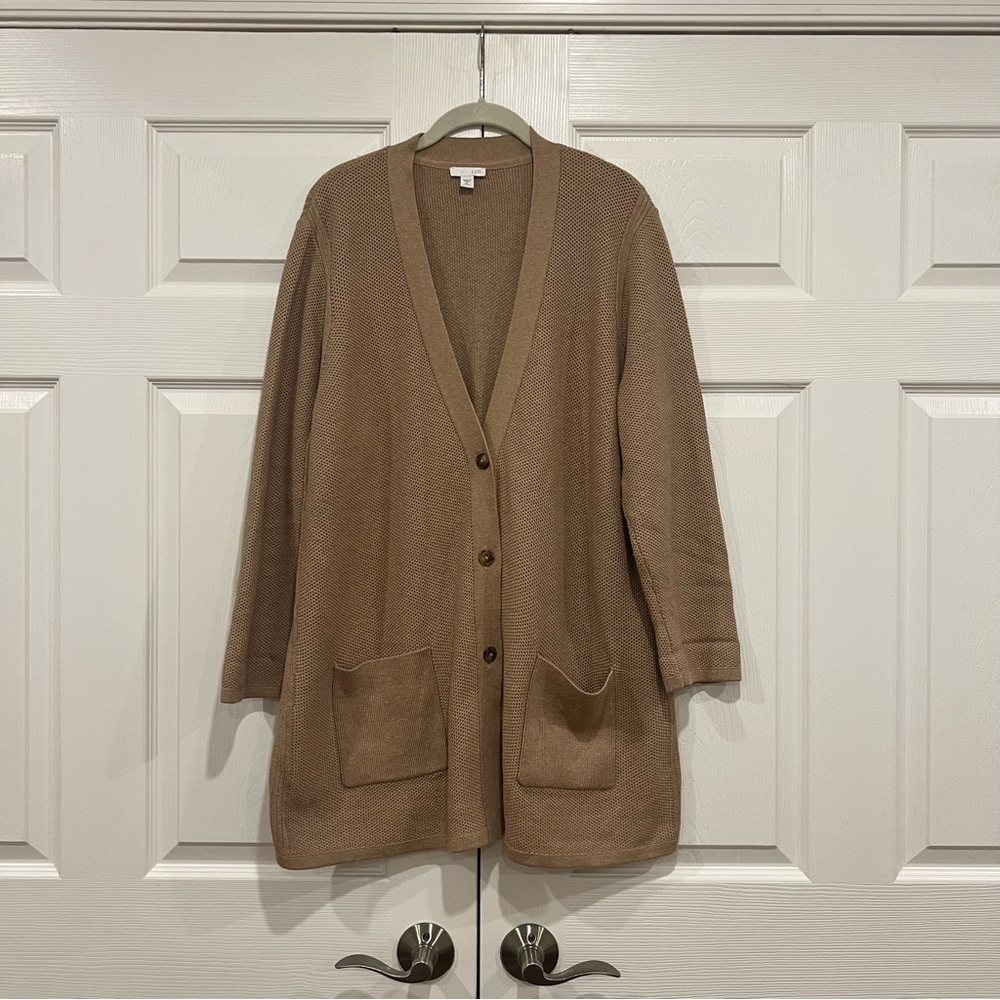 J Jill V-Neck Tunic Length Buttoned Cardigan Tan Camel Brown Womens XLP